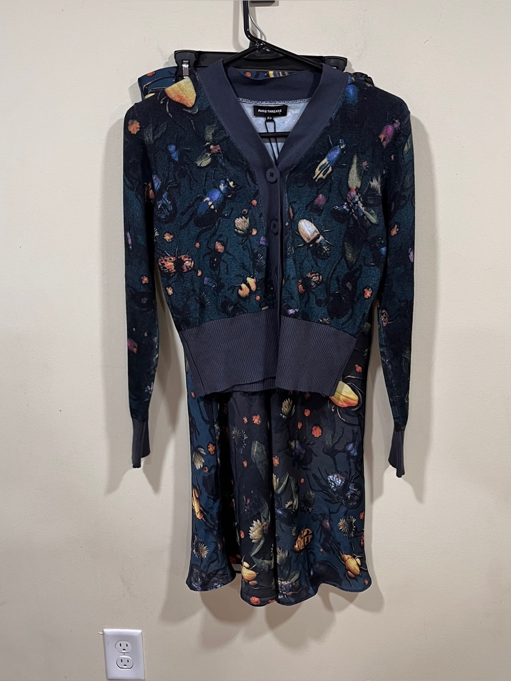 NWT Paris Threads set colored insect print pattern cardigan & skirt size XS